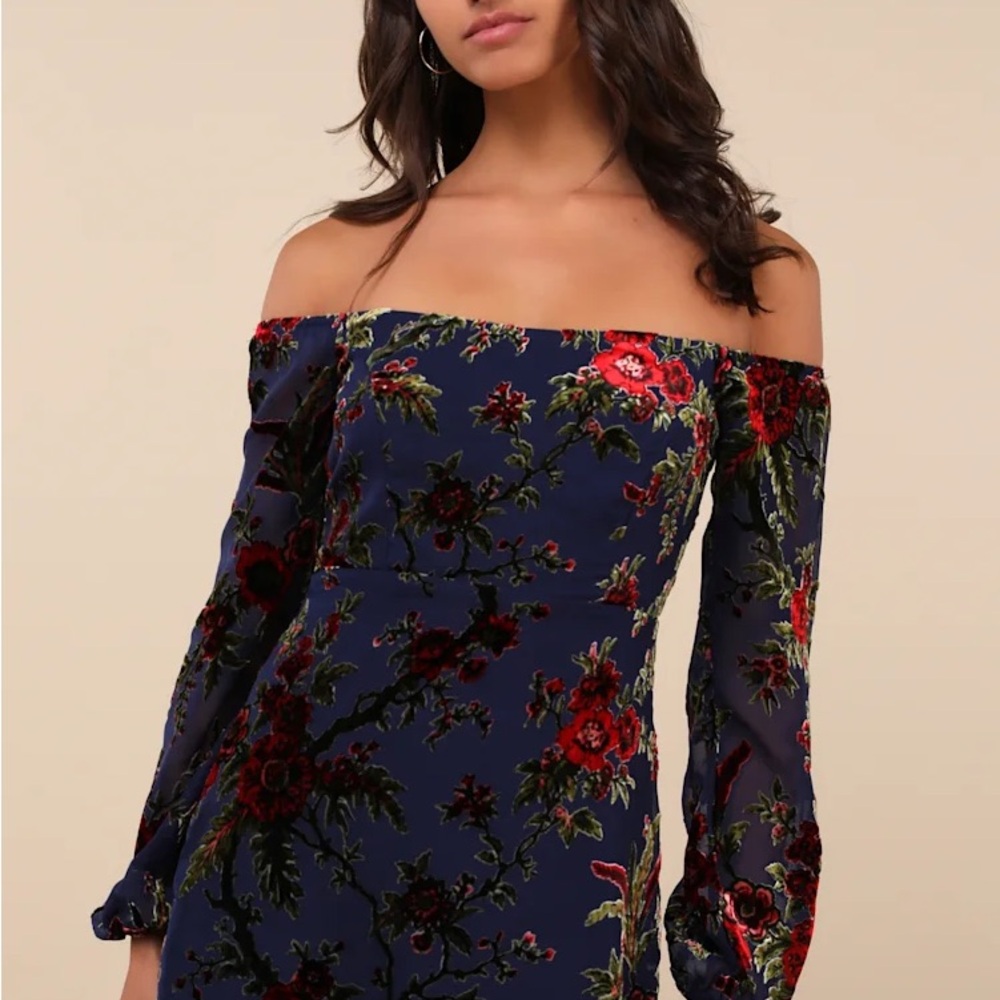 Lulus Magnificent Charm Navy Velvet Off-the-Shoulder Mini Dress - Large